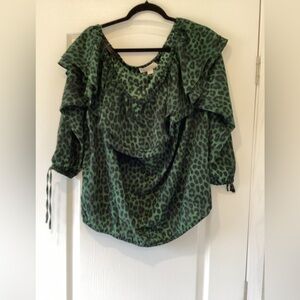Michael kors Green Leopard Print Ruffled Blouse - Women’s Top size 1XL EUC